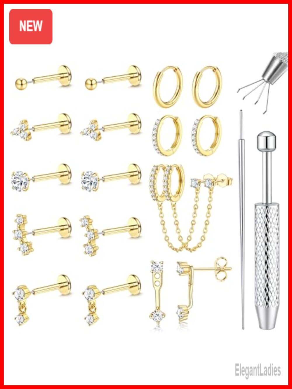 Hypoallergenic Gold Plated Flat Back Stud Earrings Set Surgical Steel